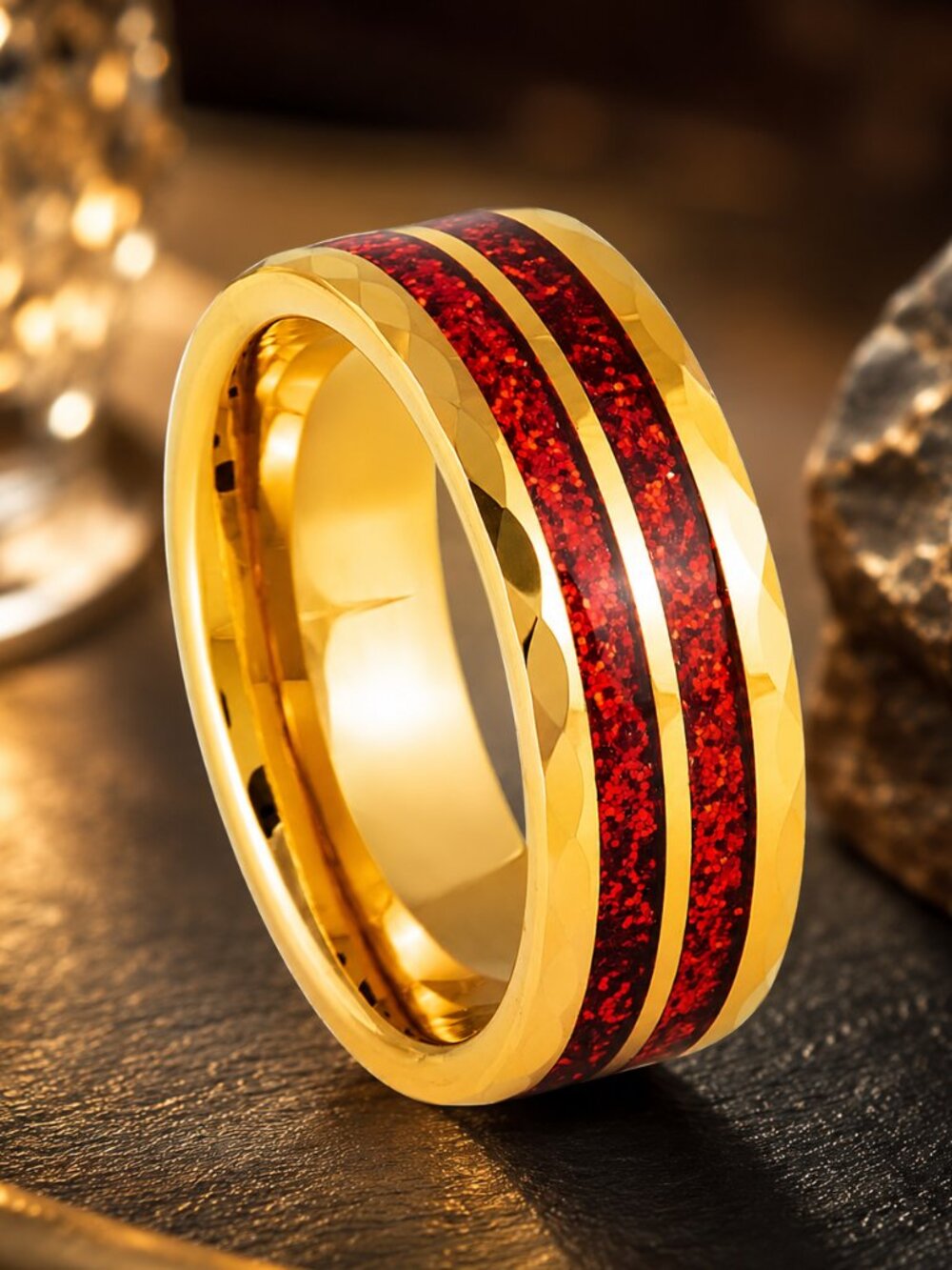 Title: Gold Hammered Tungsten Ring with Double Red Opal Inlay - GALTUN1059-12.5